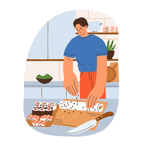 man cooking, making sushi at home kitchen. person cooks homemade asian food, dish at table, preparing . and fish roll, sprinkling with sesame. flat vector illustration isolated on white .