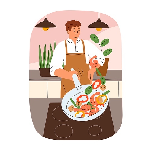 Home cooking process. Person frying shrimps and vegetables on pan on cooker. Young man in apron cooks, prepare homemade dinner dish at kitchen. Flat vector illustration isolated on white .