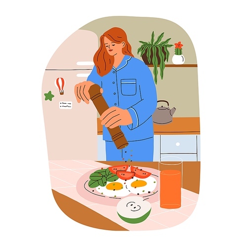 Girl cooking breakfast at home kitchen. Young woman makes, cooks morning food, fried eggs and vegetables, fruit, healthy eating served on plate. Flat vector illustration isolated on white .