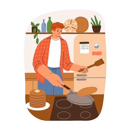 Man cooks pancakes at home kitchen in morning. Person cooking, flipping crepes on pan for breakfast. Homemade food, dish preparing process. Flat vector illustration isolated on white .