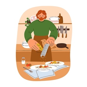 Man cooks pasta at home. Guy grating cheese parmesan, preparing Italian dish meal for dinner. Young person cooking, serving food at kitchen. Flat vector illustration isolated on white .