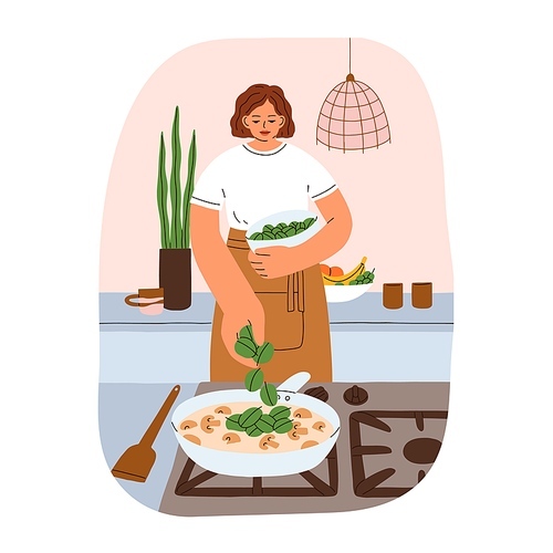 Woman cooks dinner at home.Girl cooking vegetarian dish with champignons mushrooms stewed in creamy sauce. Female with cooker and pan at kitchen. Flat vector illustration isolated on white .