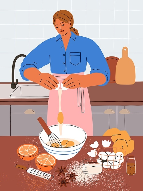 Woman cooking sweet cookie at home kitchen. Young girl preparing eggs in bowl, spices for homemade bakery, biscuits. Cook process, baking winter cake, Christmas dessert. Flat vector illustration.