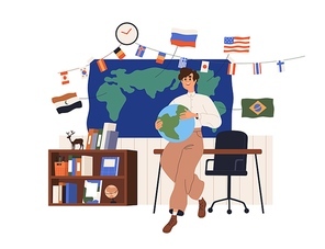 Geography teacher teaching at lesson in school classroom. Geographic lecture, seminar, class with Earth globe, world map, flags for education. Flat vector illustration isolated on white .