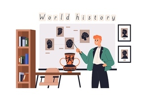 World history teacher during lecture, historical lesson in school classroom. Happy professor explaining, speaking with pointer at blackboard. Flat vector illustration isolated on white .