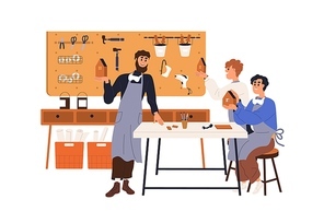 Craft teacher and children students learning carpentry at school. Pupils with DIY wood works at lesson in classroom. Apprentices of artisan. Flat vector illustration isolated on white .
