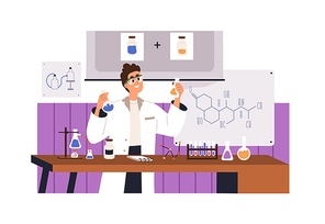 Chemist teacher during chemical lab experiment in chemistry class at school. Professor scientist with flasks at lesson in classroom, laboratory. Flat vector illustration isolated on white .