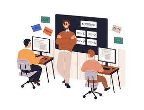 School kids studying at computer science lesson. Teacher of information technology teaching for children students in class. Pupils in classroom. Flat vector illustration isolated on white .