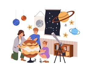 Teacher and kids in astronomy classroom, class. Children studying cosmos, space at school lesson. Teaching about planets, universe for pupils. Flat vector illustration isolated on white .
