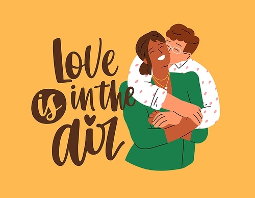 Valentine day postcard design with family couple and romantic phrase, quote. Love holiday card template, background, happy interracial man and woman hugging on 14 February. Flat vector illustration.