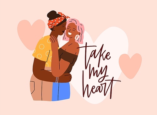 Saint Valentine day, greeting card with lesbian women couple. Romantic LGBT postcard design with homosexual love girls of different race, 14 February quote, phrase, hearts. Flat vector illustration.