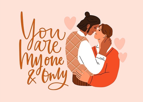 Love card for Valentine day. Romantic postcard with young happy hugging couple, quote, phrase for 14 February holiday. Interracial biracial pair in relationship. Flat vector illustration.