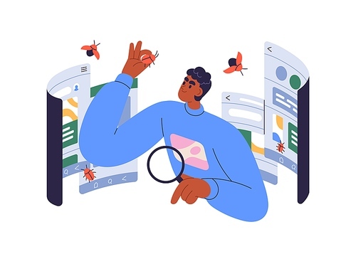 Software testing, quality assurance concept. Program tester checking code for bugs, debugging application. QA engineer finding mistakes at work. Flat vector illustration isolated on white .