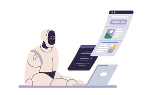 Robot works at laptop. AI, artificial intelligence, business automation, automated process, machine learning concept. Android bot at computer. Flat vector illustration isolated on white .