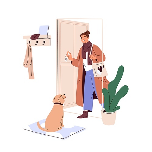 Pet owner coming home, opening door. Dog meeting returning woman at house enter. Doggy greeting person, sitting on entry mat. Solo lifestyle. Flat vector illustration isolated on white .