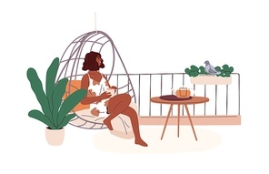 Black woman enjoying cup of tea at home balcony. Girl relaxing with drink, sitting in hanging basket chair alone in solitude at leisure. Flat graphic vector illustration isolated on white .