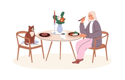 Single woman having dinner, sitting at dining table with cat. Girl eating food, meal alone together with kitty. Happy solo life concept. Flat vector illustration isolated on white .