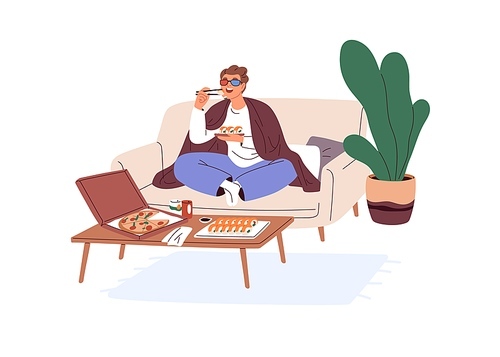 Happy person eating takeaway food, watching movie alone at home. Man relaxing on sofa with pizza and sushi, enjoying cozy lazy evening. Flat graphic vector illustration isolated on white .