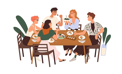 Friends gathering at dining table with wine and food. Happy young people eating, celebrating holiday, talking, relaxing together on weekend. Flat vector illustration isolated on white .