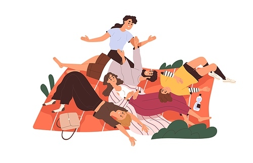 Happy friends relaxing on picnic blanket together. Young people resting, having fun outdoors at leisure time on summer holidays, weekend. Flat vector illustration isolated on white .