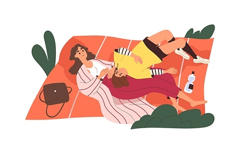 Girls, best friends relaxing together, lying on picnic blanket outdoors. Girlfriends resting in nature, talking. Happy women on summer holidays. Flat vector illustration isolated on white .