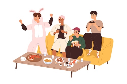 Happy friends gathering, playing video game together. Young man, videogame players on sofa, relaxing with consoles and food on home party. Flat vector illustration isolated on white .