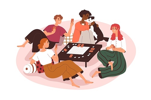 Happy friends playing board game at table together. Young men and women gathering for boardgame and relaxing. Fun leisure activity. Flat graphic vector illustration isolated on white .