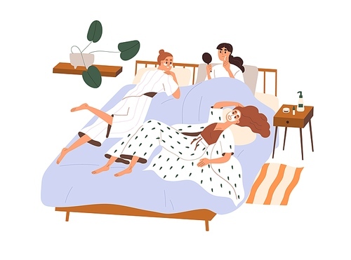 Women friends relaxing in bed on hen party. Girls in pajamas and facial masks in home bedroom, resting together. Girlfriends leisure, sleepover. Flat vector illustration isolated on white .