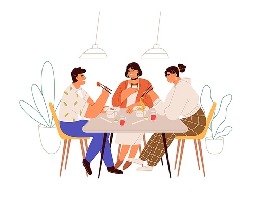 People having meal, lunch at table. Happy friends sitting together in cafe with Asian wok, eating and talking. Man and women with dinner food. Flat vector illustration isolated on white .