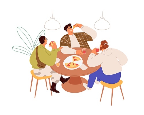 People eating pizza at table. Men friends having meal together in cafe. Happy guys meeting in pizzeria, sitting and talking at lunch time. Flat vector illustration isolated on white .