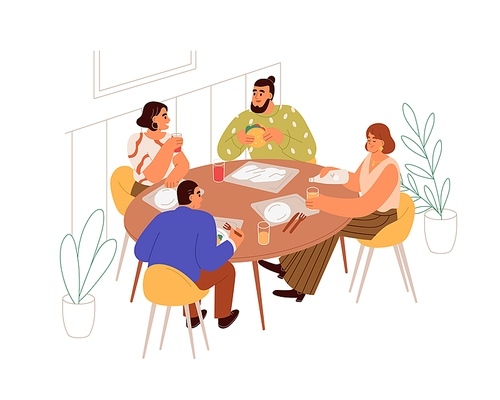 People have meal, business lunch at table in canteen. Colleagues friends sit together in dining room, eating and talking. Men and women at dinner. Flat vector illustration isolated on white .