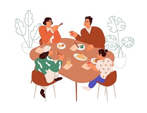 Happy family having meal, dinner at table. Parents and kids sitting and eating. Mother, father and children, boy and girl, talk at lunch together. Flat vector illustration isolated on white .