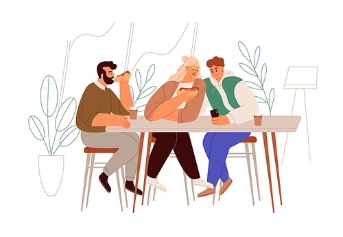 People eating at table, sitting and talking in fast food bistro at leisure time. Men and woman friends having meal, hot dogs together. Flat graphic vector illustration isolated on white .