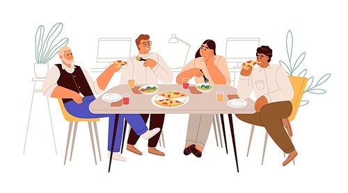 Colleagues having meal, business lunch at dining table in office. People eating pizza together at break. Employees coworkers relaxing, talking. Flat vector illustration isolated on white .