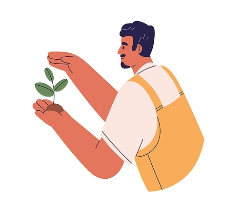 Plant and environment care concept. Man holding seedling, sprout with green leaf and soil in hand. Person growing vegetation in ground. Flat graphic vector illustration isolated on white .