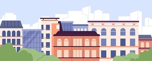 City buildings, urban street. Cityscape, real estate exterior. Houses architecture in town center. Residential and commercial property, realty, outdoor panorama scene. Flat vector illustration.