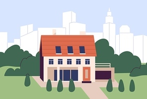Residential house building exterior standing alone on city background, modern cityscape. Single detached dwelling home, property outdoor view, urban landscape scenery. Flat vector illustration.