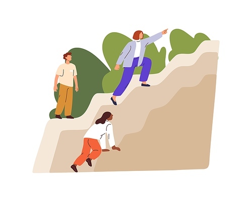Team climbing up. Leader manager leading staff to top, showing way to success, business goal. Management, leadership, growth concept. Flat graphic vector illustration isolated on white .