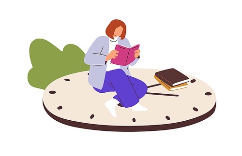 Person reader with books, studying, preparing for exam. Speed reading, education, knowledge concept. Woman with fiction literature at leisure. Flat vector illustration isolated on white .