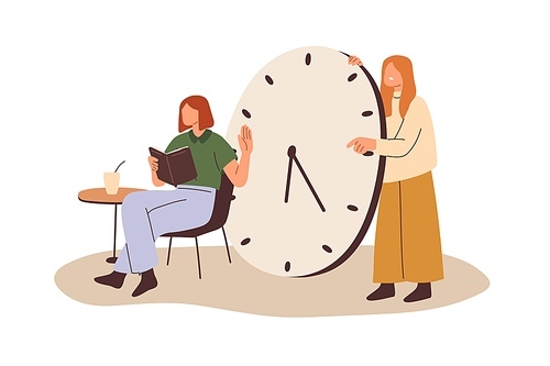 Procrastination concept. Lazy person procrastinating, postponing, delaying work for later time. Unproductive worker relaxing, ignoring deadlines. Flat vector illustration isolated on white .