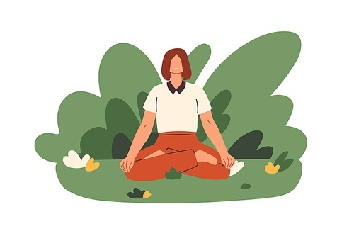 Meditation, yoga in nature. Woman meditating in zen pose, relaxing in lotus asana. Peaceful person sitting in yogi position, breathing. Flat graphic vector illustration isolated on white .