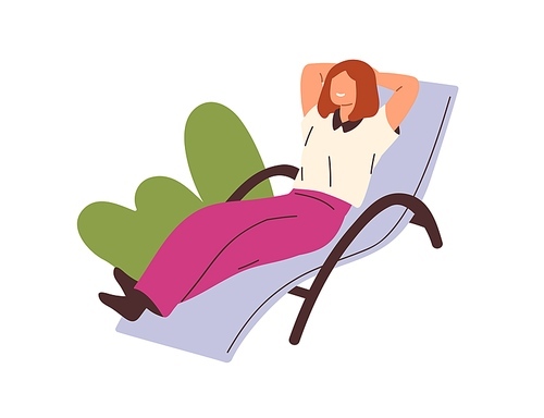 Happy woman relaxing, lying on chaise longue. Female employee chilling on deck chair at break. Relaxation of office worker lounging, resting. Flat vector illustration isolated on white .