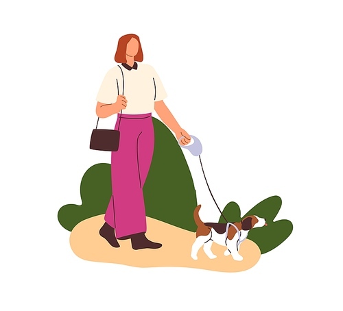 Woman, dog owner walking with puppy, leading it on leash. Girl going with doggy, strolling outdoors in nature. Female character and cute pup. Flat vector illustration isolated on white .