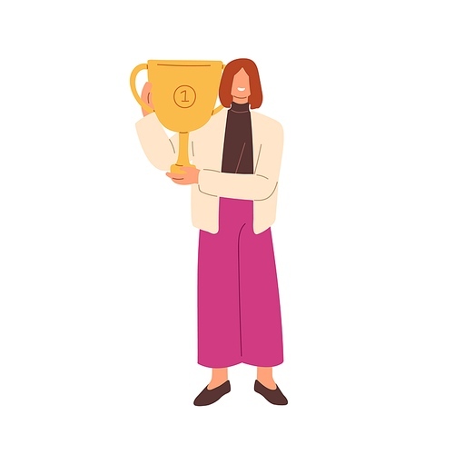 Winner and trophy, award. Business woman holds gold cup, goblet in hand for first place. Prize for victory, success, achievement concept. Flat graphic vector illustration isolated on white .