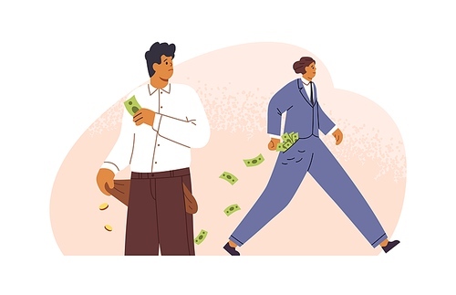 Salary gap and social inequality concept. Poor clerk is jealous of rich person with money, comparing incomes. Difference in financial levels. Flat vector illustration isolated on white .