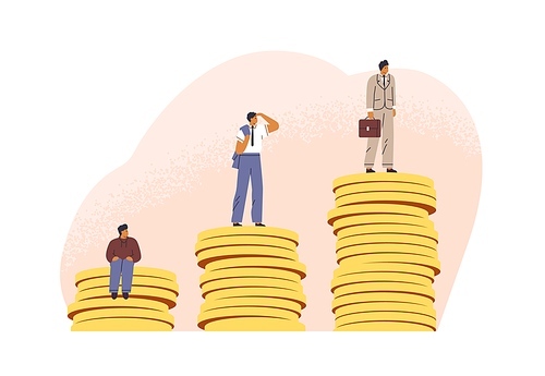 Salary and income growth, promotion at work concept. Employee growing from low to high financial level, becoming rich. People and money. Flat vector illustration isolated on white .