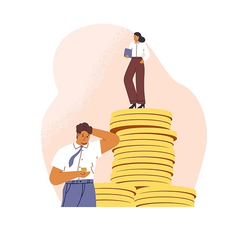 Salary gap concept. Inequality of money incomes between rich wealthy woman and poor man. Comparison of different financial levels of employees. Flat vector illustration isolated on white .