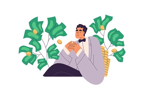 Rich wealthy person millionaire with finance capital. Businessman increasing fortune, financial wealth. Billionaire multiplying, saving money. Flat vector illustration isolated on white .