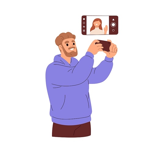Video call using mobile phone. Man talking to woman, holding smartphone in hand for online internet communication. People during virtual chat. Flat vector illustration isolated on white .