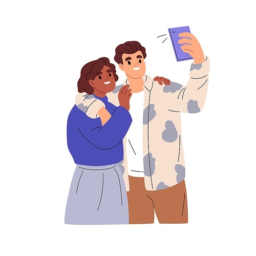 Happy love couple taking photo, selfie with mobile phone. Young man and woman, self portrait on smartphone. Biracial people shooting. Flat graphic vector illustration isolated on white .